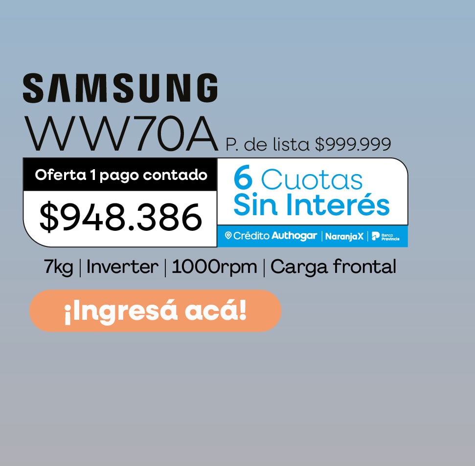 Samsung WW65A P. de lista $809.999. Oferta 1 pago contado $731.611. 6 Cuotas Sin Interés. Crédito Authogar. 6.5kg Inverter 1000rpm Carga frontal. ¡Ingresá acá!